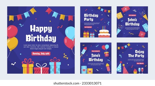 Birthday Celebration Social Media Post Template Collection Set. Able to use for mobile apps, banners design, web or internet ads.