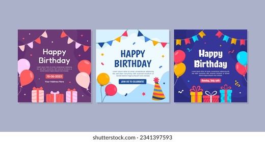 Birthday Celebration Social Media Post Template Collection Set. Able to use for mobile apps, banners design, web or internet ads.