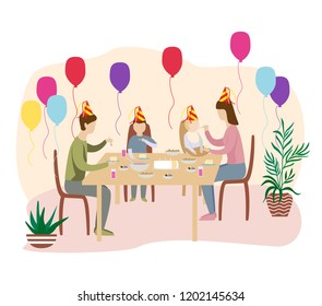 Birthday celebration at the table with the family and friends. Candy drinks balloons and more. Flat Design vector Illustration