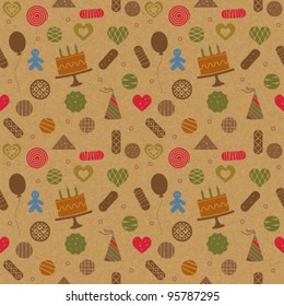 Birthday celebration themed seamless pattern on paper textured background