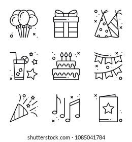 Birthday celebration thin line icons set. Party, holidays. Basic birthday elements. Vector simple linear design. Illustration. Symbols