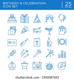 Birthday and celebration two tone icon set. Perfect for design element of party, anniversary event, and festival. Happy birthday icon such as cake, greeting card, and candle icon collection.