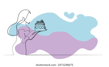 birthday celebration vector background template.line art of woman blowing out birthday candles.simple birthday banner line vector illustration
