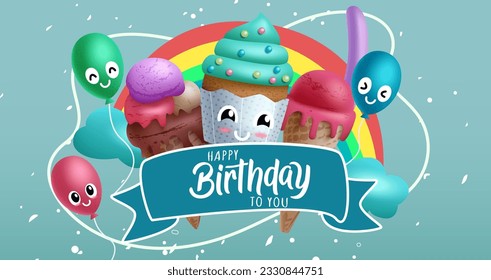 Birthday celebration vector concept design. Happy birthday greeting text with cup cake character, ice cream and balloons element for kids birth day party. Vector illustration.
