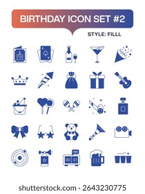 Birthday Celebration Vector Icon Set in Fill Style – Party, Cake, Gift, and Festive Elements