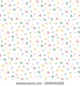 Birthday celebration vector seamless pattern. Stars, dots background and confetti. Festive background, ideal for carnival, new year or birthdays. Children friendly.