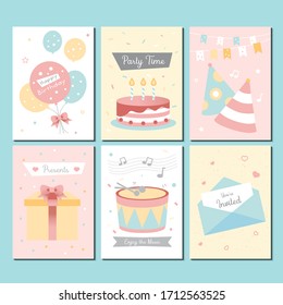 Birthday celebration vector set. Festival icon with balloon, hat, cake, present, musical instrument and invitation.