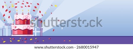 Birthday celebration web banner with cake, gifts, and confetti - geometric low poly party vector illustration for anniversary and festivities