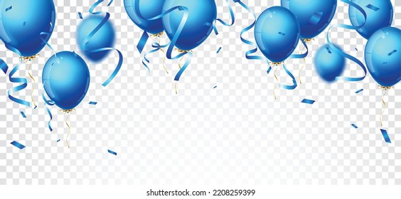 Cartel de las celebraciones de cumpleaños con globos azules y blancos y confeti