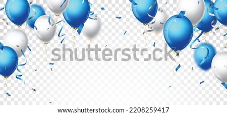 Birthday Celebrations banner with blue, white balloons and confetti