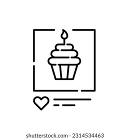 Birthday celebrations social media post. Cupcake with frosting and candle on top. Anniversary congratulations icon