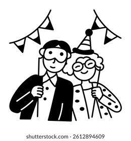 Birthday characters posing with party props, doodle illustration