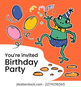 BIRTHDAY Cheerful Frog With Balloons Blows Into A Straw And Invites Friends To A Birthday Party Cartoon Hand Drawn Contour Sketch And Your Text Square Card