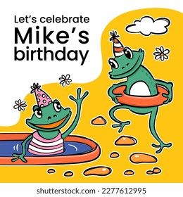 BIRTHDAY CHEERFUL FROG IG POST Charming Amphibians Swimming In Pool Resting Nature Cartoon And Your Text Square Celebration Template For Social Media