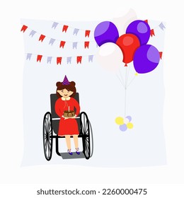 Birthday of a child with disabilities. The child holds a cake with a candle in his hands. The girl is happy. Bright balls. vector illustration