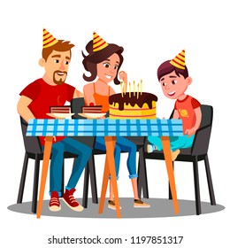 Birthday Of Child, Family Sitting At The Party Table With A Cake Vector. Isolated Illustration