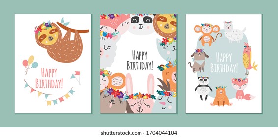 Birthday childish greeting cards set with cute animals and flowers in scandinavian style, flat vector illustration. Backgrounds collection with llama, sloth and panda.