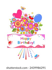 Birthday childish greeting or party invitation with colorful flowers bouquet and balloon