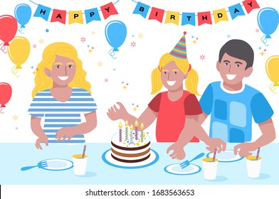 Birthday Children. Cute Girls and Boys. Happy Smiling Kids Greeting Card. Birthday party. Sweet cake.