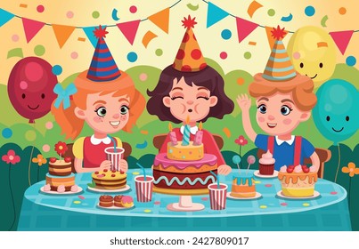 Сhildren's birthday. Children sit at the festive table with cake and sweets. Happy birthday illustration in cartoon style.