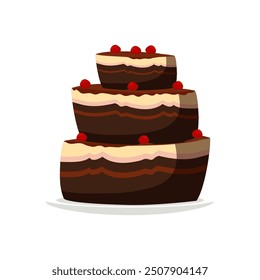 Birthday chocolate cake with candles and cherry for party. Sweet multi layered dainty with creamy icing. Tasty confection, homemade delicacy, bakery product. Cartoon vector illustration.