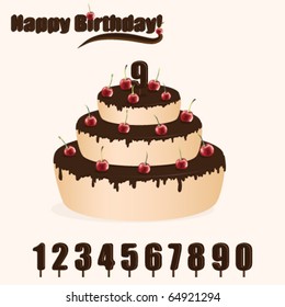 Birthday chocolate cake with cherry and set of figures to decorate cake