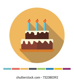 Birthday chocolate cake flat icon with long shadow. Vector Illustration.