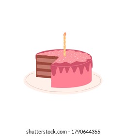Birthday chocolate cake with pink strawberry or raspberry glaze. Single candle. Сut abstract dessert on the plate isolated on white background