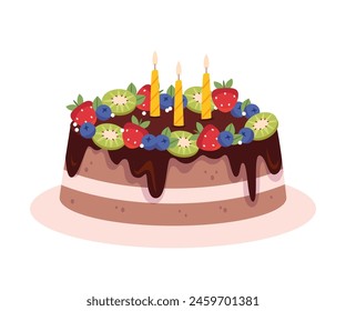 Birthday Chocolate cake with summer berries.Strawberries, blueberries,Kiwi