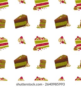 Birthday chocolate cake, truffles, pistachio raspberry dessert seamless pattern. Hand drawn cartoon vector illustration. Sweet holiday bakery for print, fabric, bakery packaging, textile, wrapping