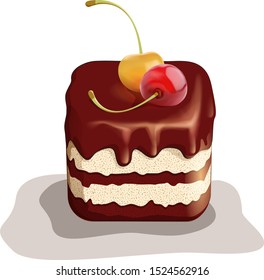 Birthday chocolate cream cake with red and yellow cherries. Sweet dessert food for holiday celebration or children party. Isolated on white background. Vector illustration