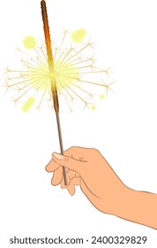 Birthday or Christmas burning sparkler on transparent background. Someomes hand holding Bengal light