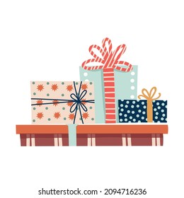 Birthday or Christmas, gifts and presents. Cute hand drawn gift boxes. Stack of gifts