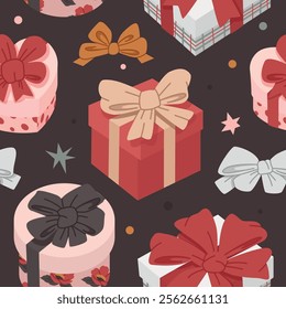 Birthday, Christmas, New Year gift boxes with bows and ribbons. Holidays present box seamless pattern. Red tone gift box wrapped paper. Vector illustration repeatable. 