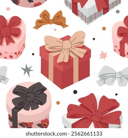 Birthday, Christmas, New Year gift boxes with bows and ribbons. Holidays present box seamless pattern on white bg. Red tone gift box wrapped paper. Vector illustration repeatable. 