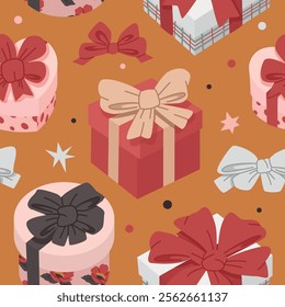 Birthday, Christmas, New Year gift boxes with bows and ribbons. Holidays present box seamless pattern on yellow bg. Red tone gift box wrapped paper. Vector illustration repeatable. 