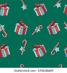Birthday Christmas or New year vector gift pattern Presents and candy canes illustrations on green background Can be used for wallpaper background gift wrapping paper textile print and else