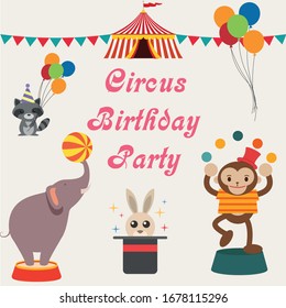 
birthday in circus style. clowns and animals. circus party. Circus poster. Vector illustration
