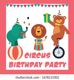 
birthday in circus style. clowns and animals. circus party. Circus poster. Vector illustration
