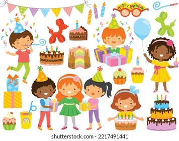 Birthday clipart set with kids and birthday party items