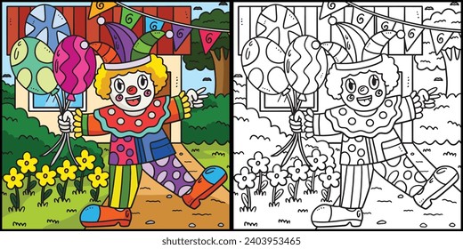 Birthday Clown with Balloons Coloring Illustration