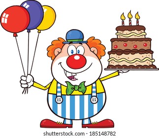 Birthday Clown Cartoon Character With Balloons And Cake With Candles. Vector Illustration Isolated on white