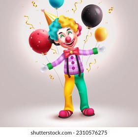 Birthday clown character vector design. Clown character standing and wearing colorful wig and pants with balloons elements. Vector illustration buffoon mascot cartoon.