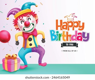 Diseño de Vector de personaje de payaso de cumpleaños. Texto de felicitación de cumpleaños feliz con el personaje colorido del payaso en la expresión facial divertida, sonriente y traviesa. Ilustración vectorial cumpleaños felicitación Plantilla. 
