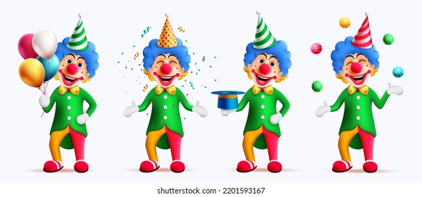 Birthday clown character vector set design. Buffoon entertainer character collection playing tricks for kids party celebration background. Vector Illustration.