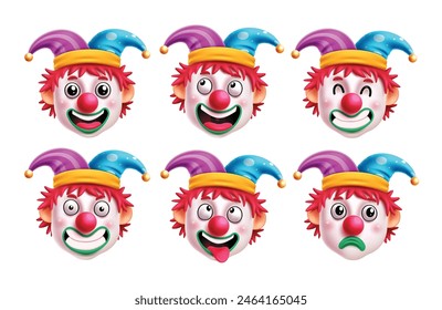 Birthday clown character vector set design. Clown birthday head characters in smiling, happy, naughty and funny facial expression with colorful hat for kids event celebration. Vector illustration 