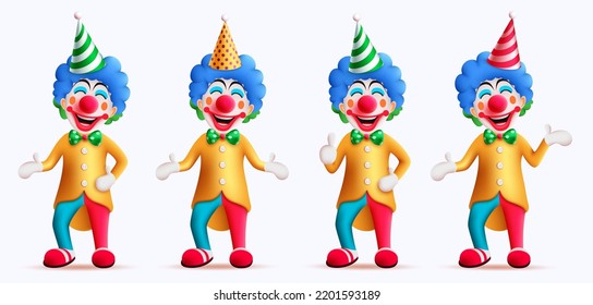 Birthday clown characters vector set design. Buffoon collection character with funny, happy and enjoy party occasion entertainer isolated in white background. Vector Illustration. 