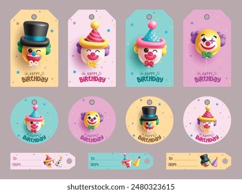 Birthday clown gift tags vector set design. Birthday card with clown balloons inflatable elements for party tags collection. Vector illustration clown gift tags design. 
