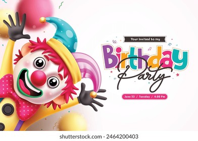 Birthday clown invitation vector design. Birthday party invitation card with clown character mascot with happy face and colorful clothes for kids surprise celebration. Vector illustration birthday 