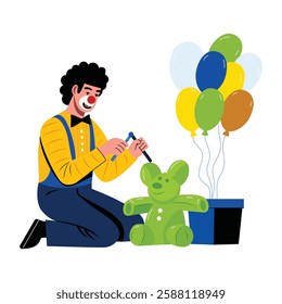 Birthday clown with a teddy and birthday gifts, flat illustration 